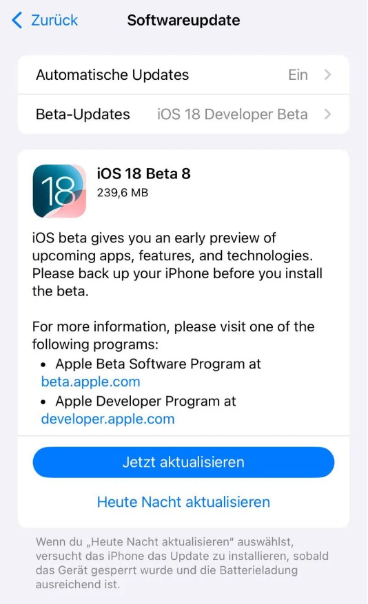 奎屯苹果手机维修分享苹果 iOS / iPadOS 18 开发者预览版 Beta 8 发布 